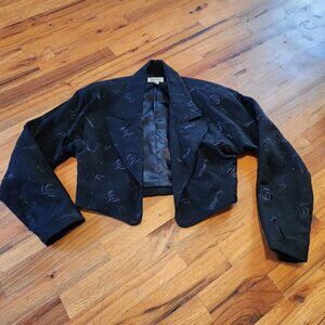 Vintage Black Wool Cropped Jacket With Floral Embroidery Size 8 By Cathay
